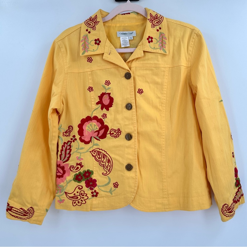 Coldwater Creek Yellow Floral Embroidered Button Up Jacket Women's Size PM